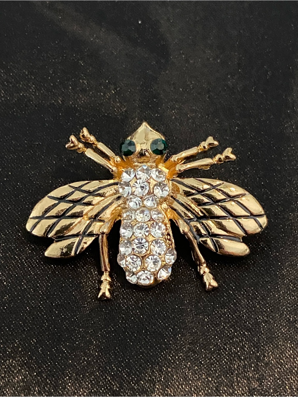 Gold Bee Brooch with Clear Crystals and Green Eyes